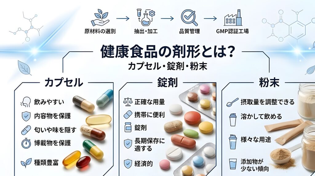 健康食品の剤形とは？カプセル・錠剤・粉末・ゼリーの特徴と選び方