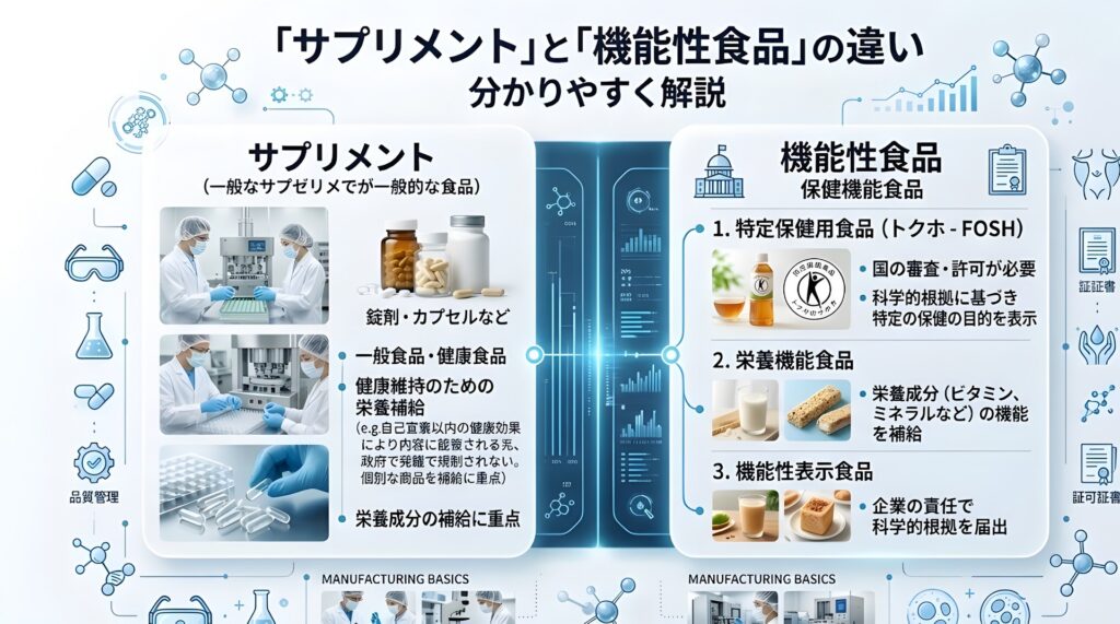 サプリメントと機能性食品の違い｜法的区分から製造まで【2025年版】完全ガイド