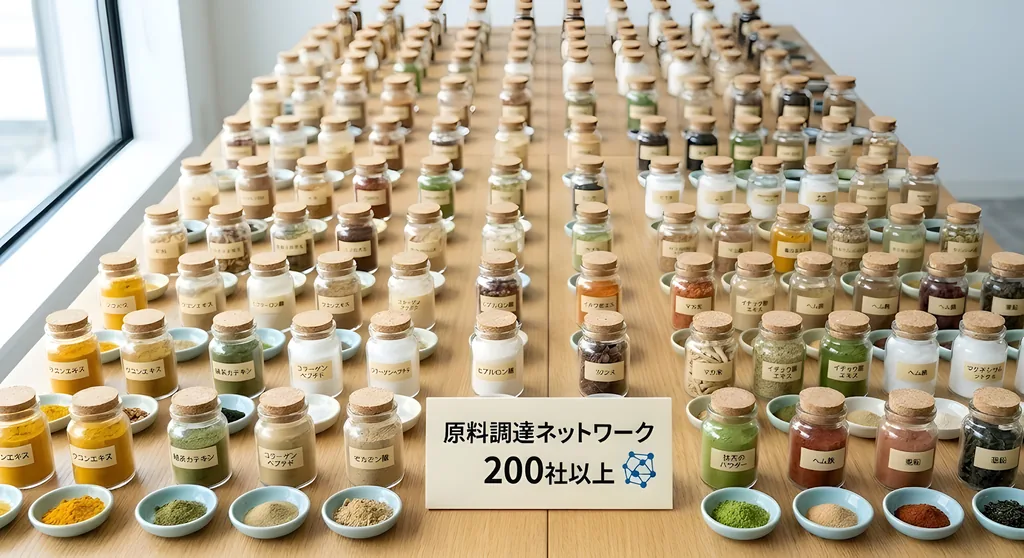 天丸製薬の原料調達ネットワーク|200社以上との取引が生む素材の選択肢【天丸製薬の強み】実績ベースで解説 1 天丸製薬の原料調達ネットワーク|200社以上との取引が生む素材の選択肢【天丸製薬の強み】実績ベースで解説